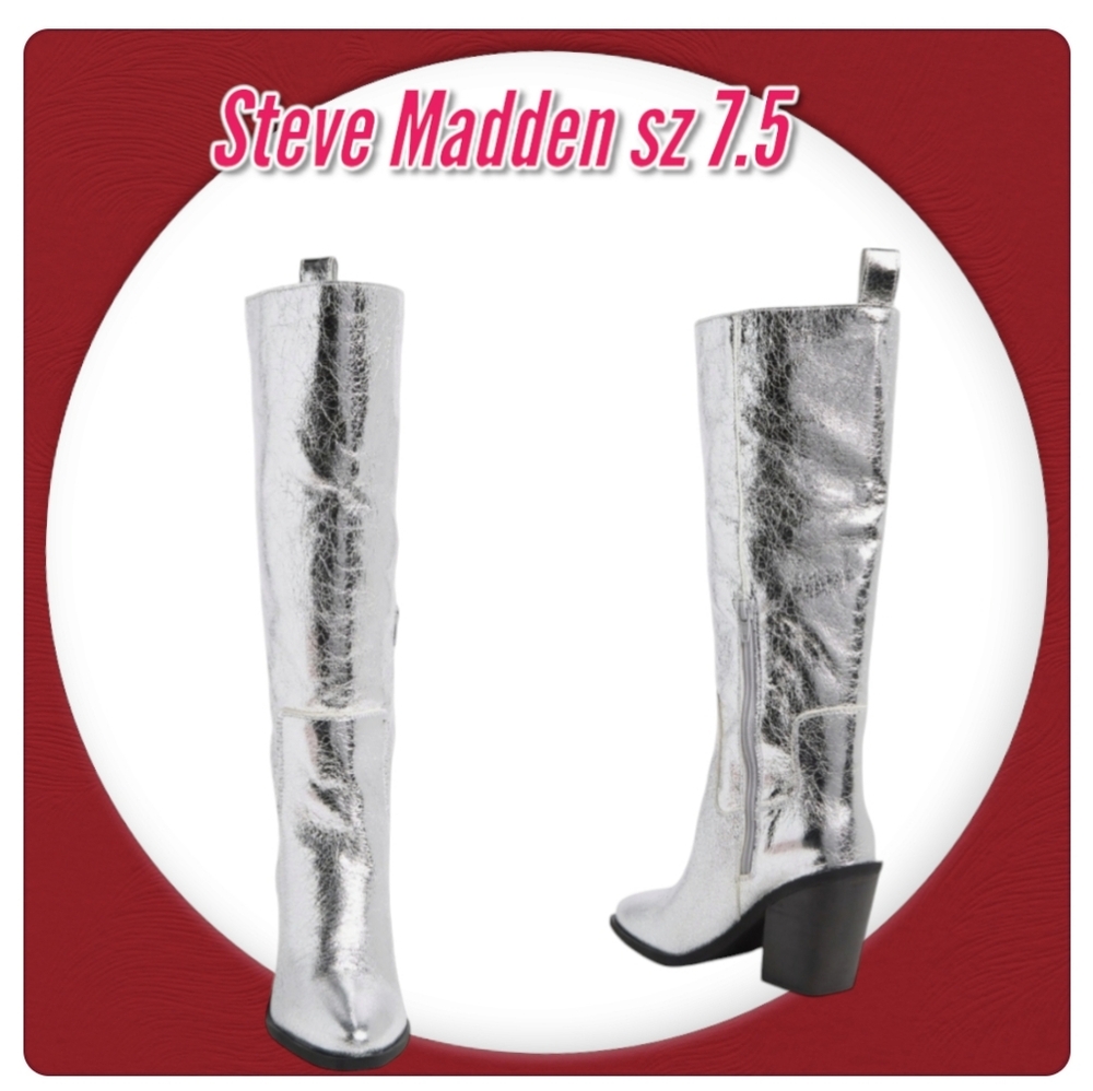 Steve Madden Seven Silver Metallic Leather Knee High Boots 7.5 - Picture 3 of 15